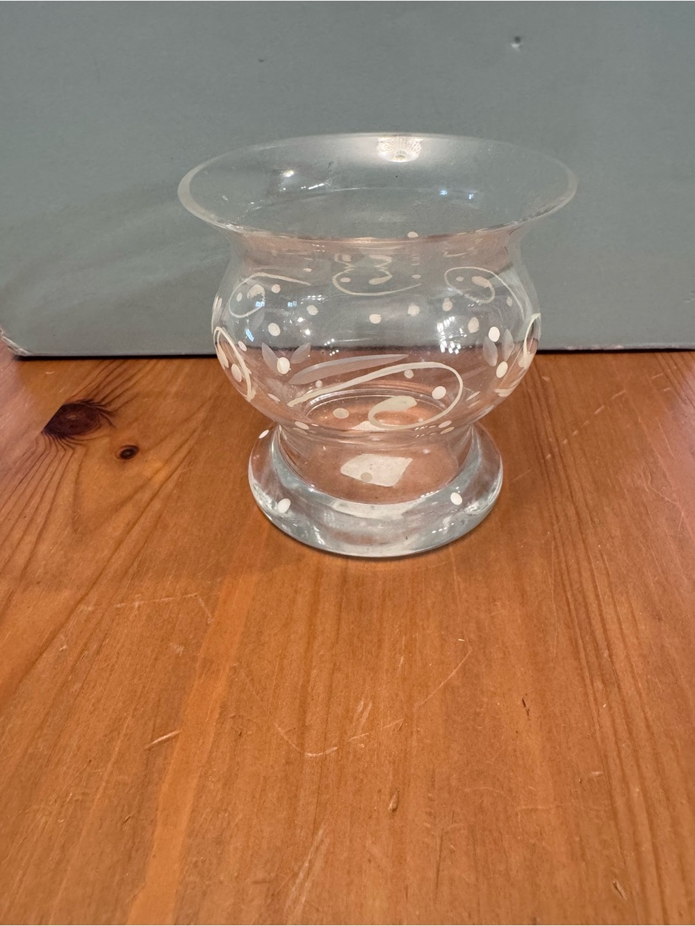 PartyLite Clear Glass Vase with White Swirl & Dot Accents